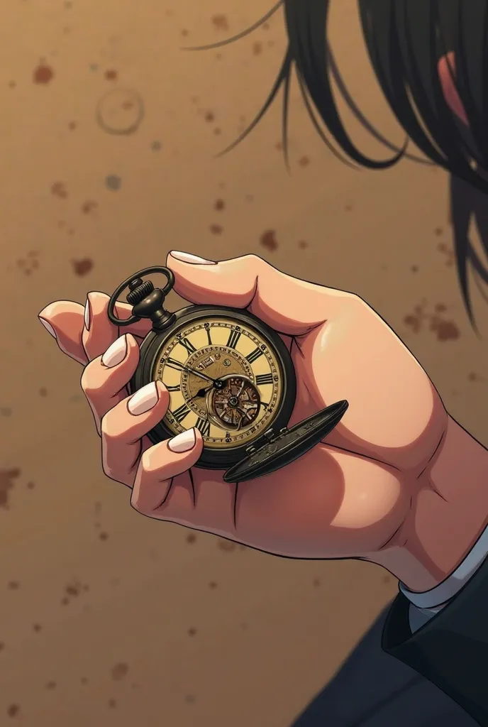 Anime artistic style wallpaper of a hand with a pocket watch in the foreground, with brown colors