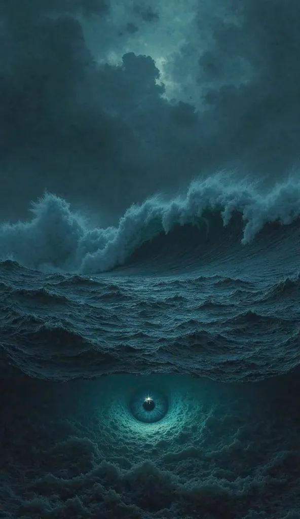 A dark, stormy ocean at night. Gigantic waves crash as a mysterious, shadowy sea creature lurks beneath the surface. A huge eye glows under the water, staring at the camera. The atmosphere is eerie and suspenseful.