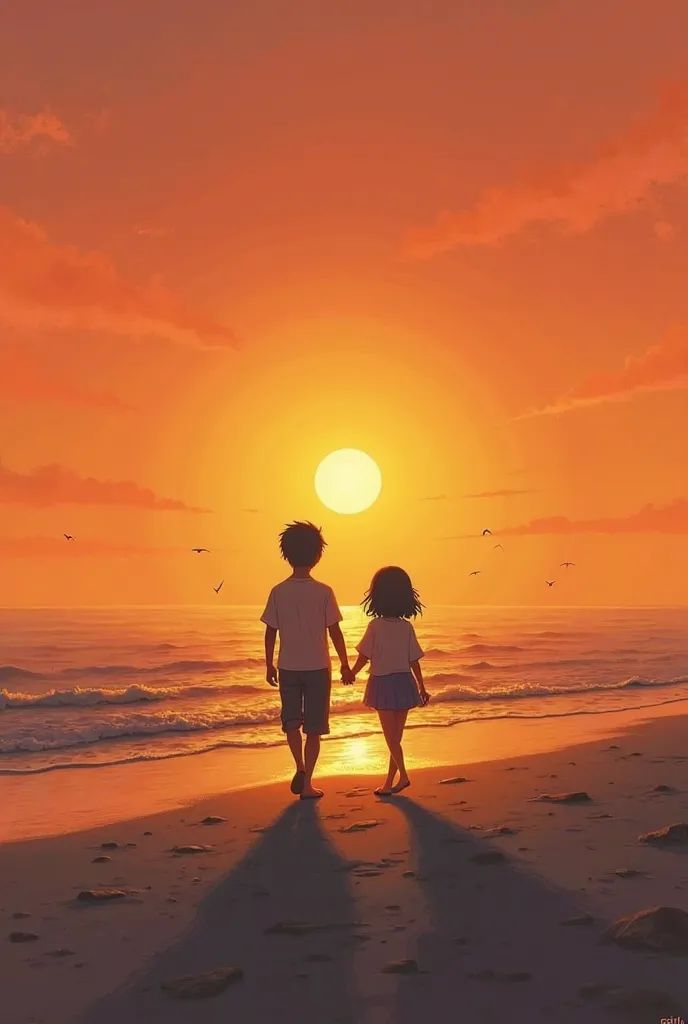 a boy and a girl as a silhouette walking away from eachother ona beach with a sunset in the background 