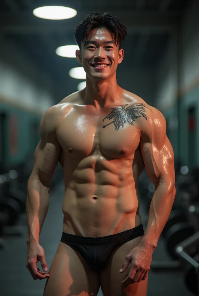 Korean sweaty Young boy, wet sixpack, black thongs, smile, white skin, inside gym, tattoo on shoulder, night