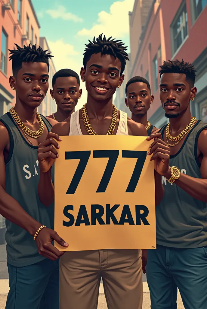 black s in the hood wearing tanktops and gold chains holding a poster which says “777 SARKAR”