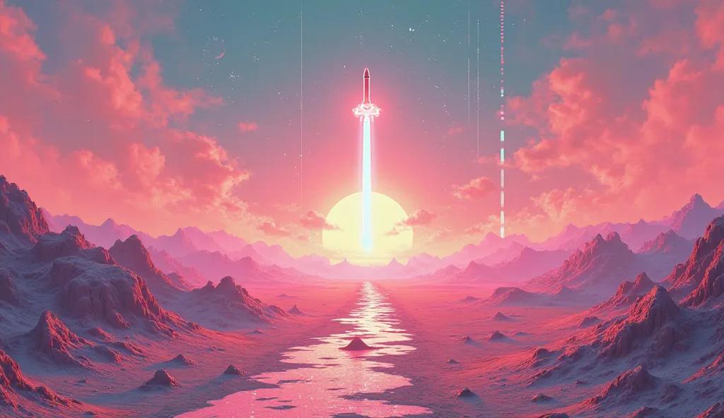 Wide banner art depicting a surreal gaming mirage. Show a desert landscape with floating holograms of iconic game items (sword, spaceship, energy orb) melting into pixelated waves. Use a cyberpunk sunset color palette (pink, teal, orange) with glitch effec...