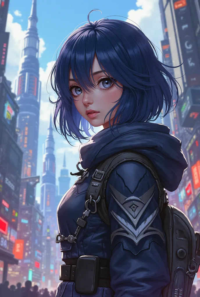  a girl with dark blue hair, With gray eyes he is in the city of Piltover that can be seen in the background