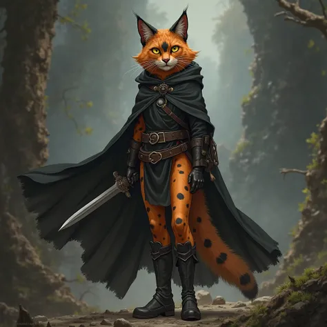 

"imaging Create an image of a female tabaxi from the Dungeons and Dragons. She has a black spotted orange coat, a large black spot on the face and yellowish cat eyes. Her appearance is agile and slender, with abundant fur on her cheeks. she is a rogue, w...