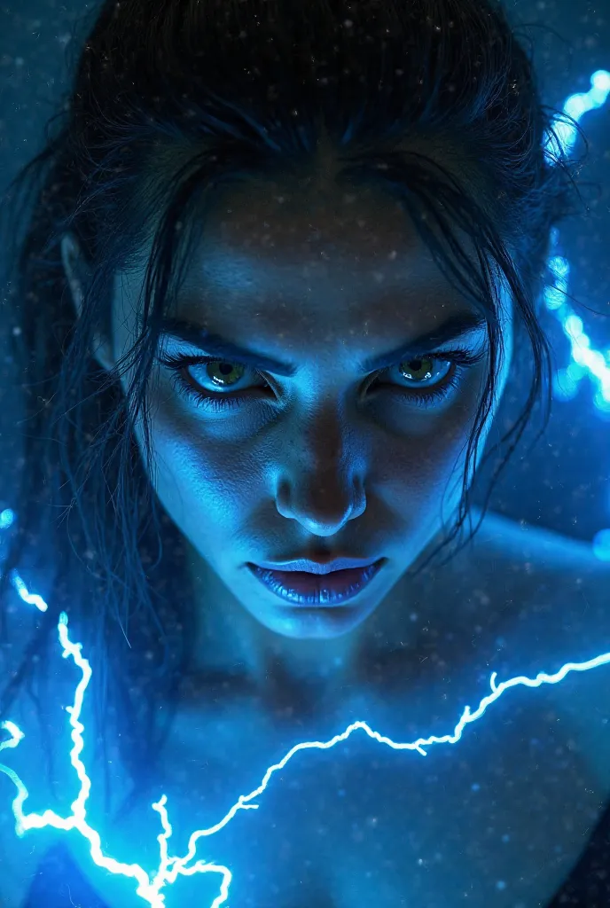 auralora, A fierce woman surrounded by a vibrant, electric aura with crackling blue lightning bolts sparking around her. The aura casts intense, sharp shadows and reflections across her face, enhancing her powerful, focused gaze. The dark, minimal backgrou...