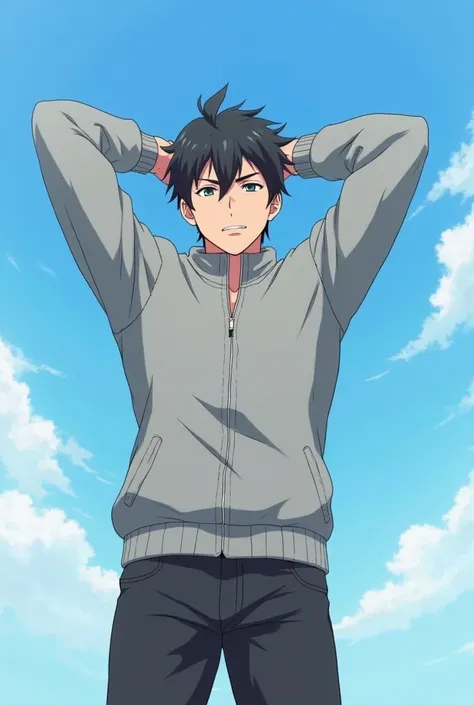  Anime style. Anime muscular guy 25 years old with black hair.  It's against the blue sky. the guy standing . He's full length.He is wearing a gray zippered sweater.  The guy raised his hands. The guy is serious