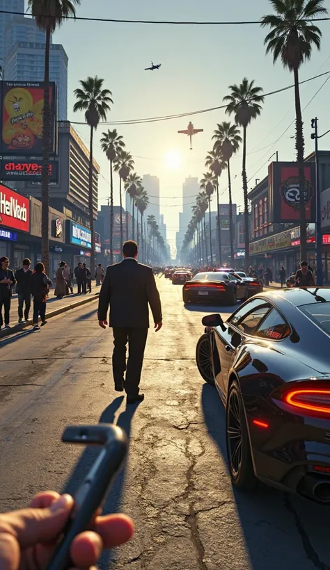 First-person perspective walking down a busy street in Los Santos, GTA V style. The character’s hands are visible in the foreground, holding a lit cigarette in the left hand and a smartphone in the right, displaying a text from 'Franklin Clinton' saying, '...