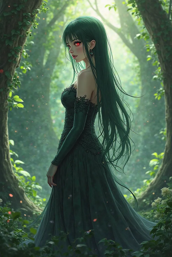 anime, Feminine woman, devil, oracle, seer, fair skin, long dark navy green hair,  RED EYES, Elegant dress with double coverage, forest