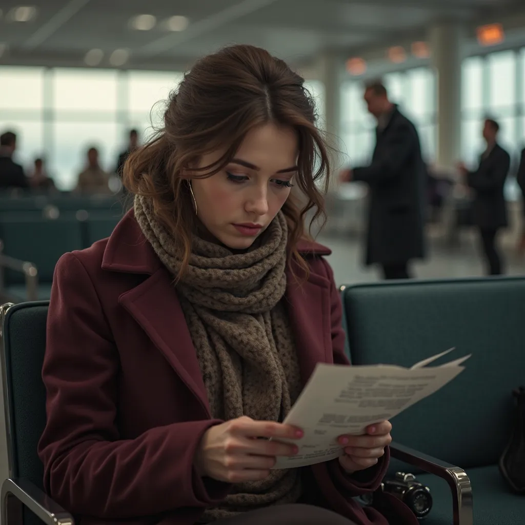 russian woman sitting in airport close and reading a letter