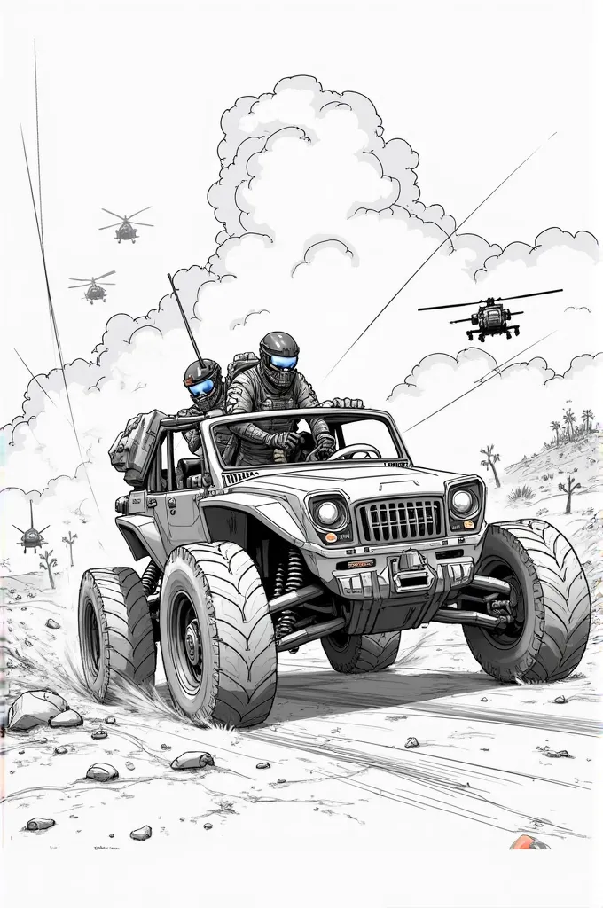 detailed, high-contrast black-and-white sketch featuring an intense off-road battle scene. The main focus is a rugged, heavily modified off-road vehicle with reinforced armor, large rugged tires, and an aggressive front grille. Two futuristic warriors in t...