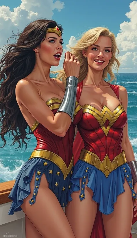 "A detailed and vibrant close-up painting of Wonder Woman in her traditional uniform and Supergirl in her iconic uniform laughing loudly and raising her hand as if to cover her mouth. They are on a luxury yacht in the middle of the ocean.