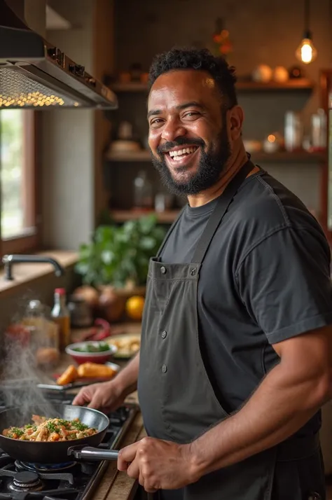 Good-bodied Argentinian brown man who is cooking and smiling