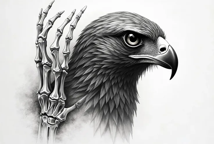 A tattoo of a hawk's head looking forward. The hawk is looking forward with a sharp gaze. The background is a skeletal hand. It is a slightly more intricate tattoo and the hawk's feathers are well-shaped. The dark shadows are deep and there is a lot of bla...