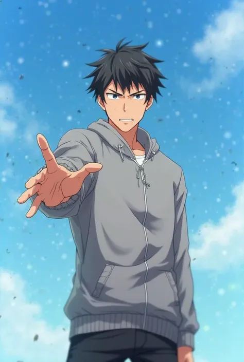  Anime style. Anime muscular guy 25 years old with black hair.  It's against the blue sky. the guy standing . He's full length. He is wearing a gray zippered sweater.  The guy stretched his hand forward with his palm up. The guy is angry