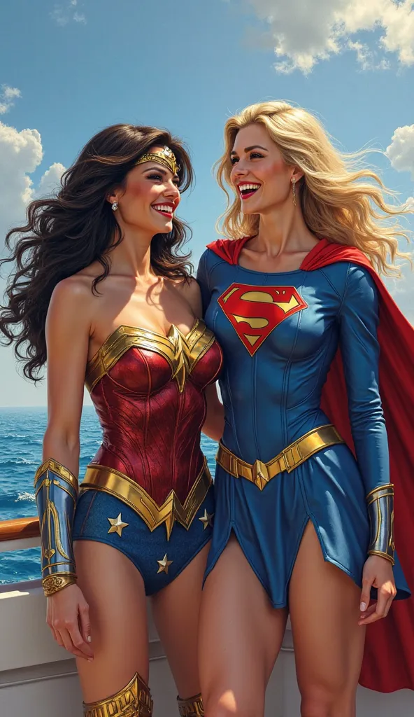 "A highly detailed and vibrant close-up painting of Wonder Woman and Supergirl on a luxury yacht in the middle of the ocean. Wonder Woman is wearing her iconic red, blue and gold costume, while Supergirl wears her classic blue costume with the red 'S' on t...