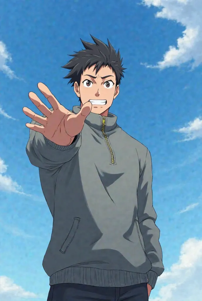  Anime style. Anime muscular guy 25 years old with black hair.  It's against the blue sky. the guy standing . He's full length. He is wearing a gray zippered sweater.  The guy stretched his hand forward with his palm up. The guy is angry