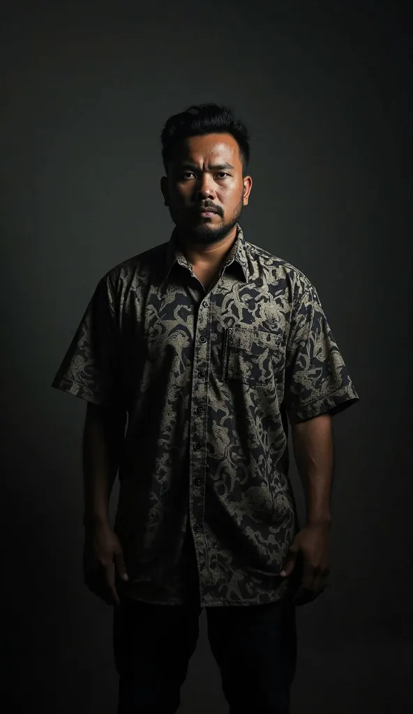 Create a highly realistic portrait of a 40-year-old, a burly indonesian man named ((-unggul_prasetyo))   standing in a dark room. He is wearing batik shirt 

The lighting should be dramatic, focusing on his handsome face with a light stubble, giving him a ...