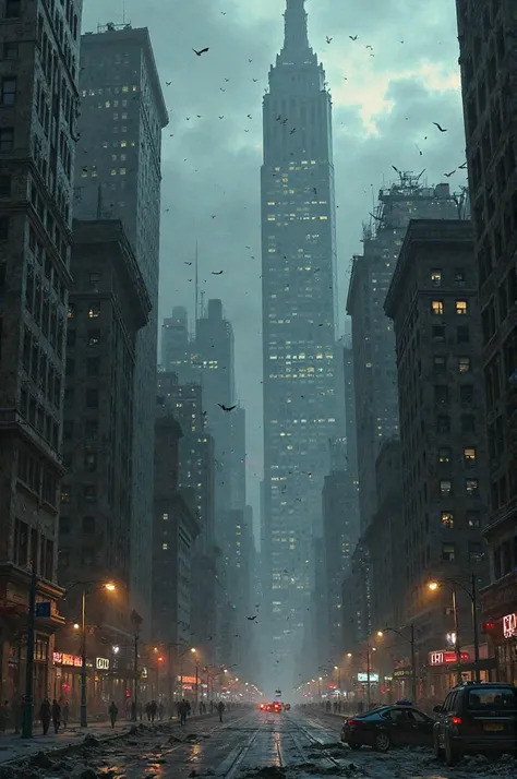 Image of an impure company skyline of New York buildings at night