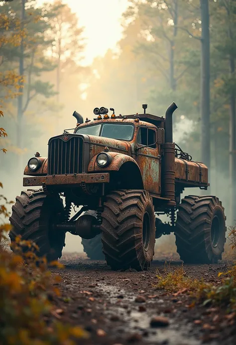 Rugged monster off-road truck, battered chassis covered in rust and welded scrap metal, oversized knobby tires dripping with mud, jagged exhaust pipes along the side, stands in a misty forest glade at morning, soft golden sunlight piercing through dense tr...