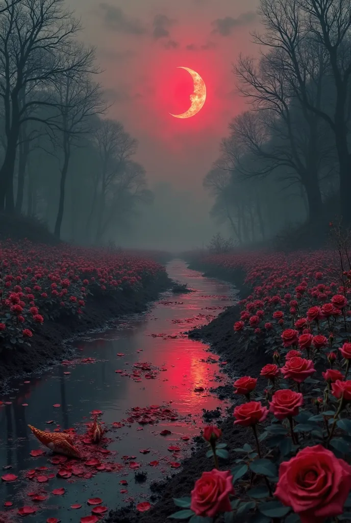 field of roses#Blood Crescent# dark forest #black background#Red fog#atmosphere of death#The river reflects the moon#Pheasant petals#Chain puller