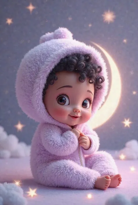 Baby Luara Design 
"Raise a newborn baby The baby should have a Moon-inspired look with big, slanted brown eyes and curly black hair with dark skin, magical and enchanting. , represented in a soft and adorable way, with a touch of heavenly glow. The aesthe...