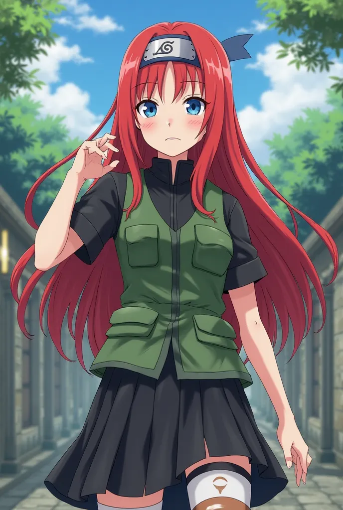  anime Naruto ,a girl,long red hair,A band from the village of La Hoja, blue eyes, a black shirt,with a black short and a green vest