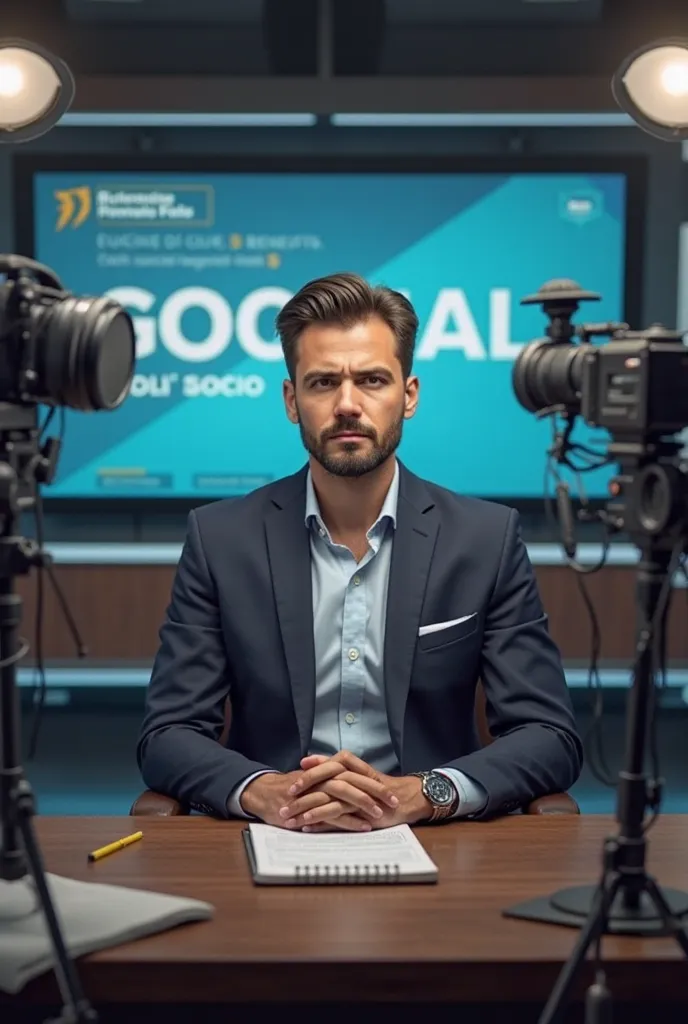 A YouTuber presenting news about Bolsa Família. he is about 35 years old, a well-groomed beard and serious expression,  conveying credibility . You are sitting in a simple studio, with a professional microphone and a notebook in front of him. In the backgr...