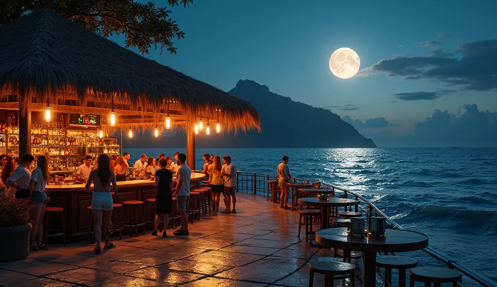 I draw a stunning view of a Rio bar, In the background the view of the sea with a reflecting moon, Night with moonlight,  People interacting . With lights in yellow at night environment. ultra realistic image, 8 K