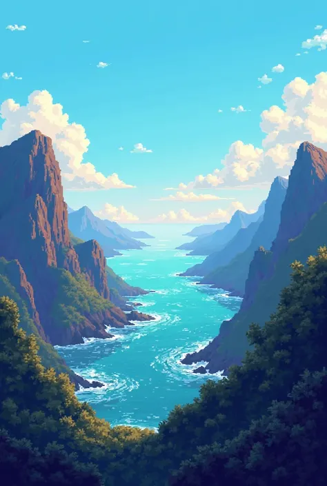 Take a view from the top of a mountain to the sea, In 8-bit pixelated Nintendo NES style