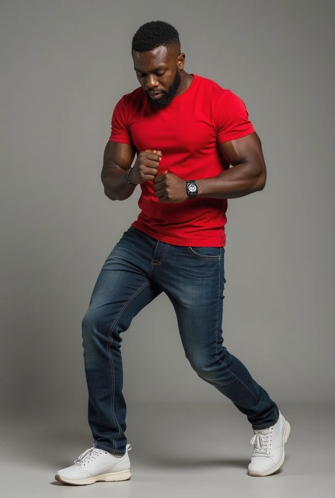 ULTRA REALISTIC 30 year old afro Latin american man with short black buz cut hair and , wearing a red short sleeves shirt. He is dressed in a dark blue jeans, and sturdy white sneakers , in an action  pose fighting stance, touching his watch 