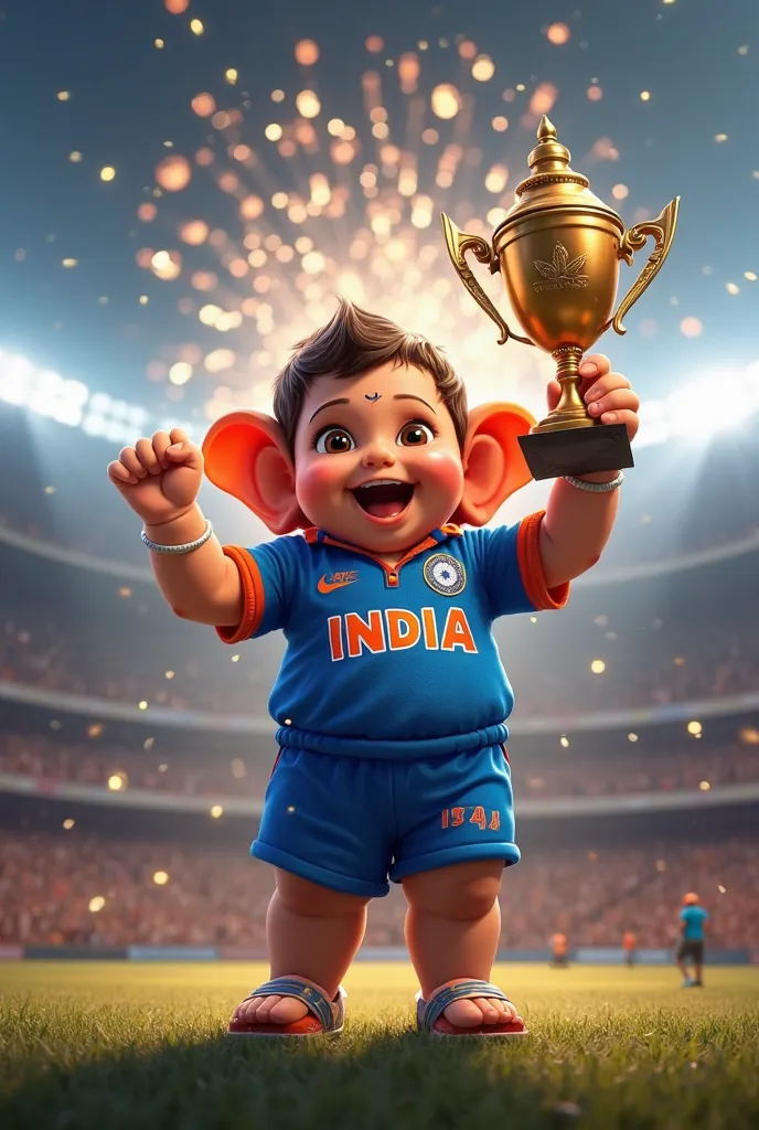 (photorealism:1.2), Create a cute and adorable Baby Ganesha walking proudly while wearing the Indian cricket team jersey. He should have a bright, joyful expression, chubby cheeks, and his signature elephant ears fluttering slightly. Baby Ganesha is holdin...