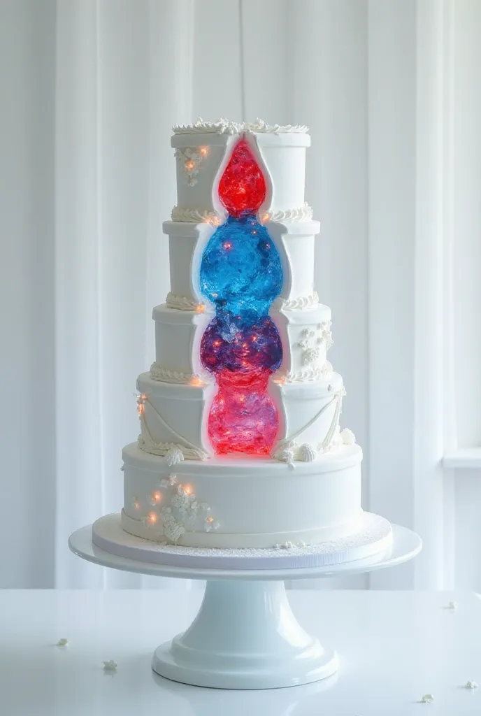 White cake with blue and red in the middle of LED