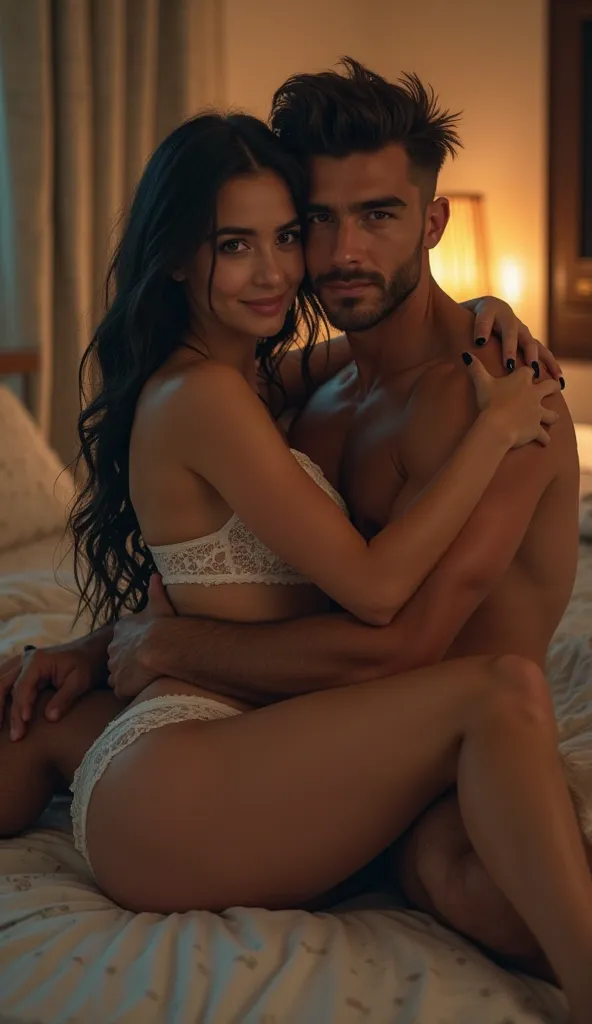 Intimate nighttime scene: ultra-wide angle shot captures a stunning couple in a modern living room. A 24-year-old Ukrainian beauty, with heart-shaped face, porcelain skin, and luscious black hair, sits atop a handsome 30-year-old man, showcasing her toned ...