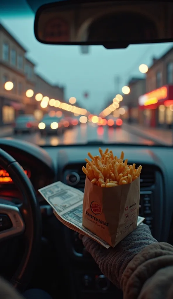 A first-person POV hand window perspective. A customer in a car hands over money, while a stack of brown Burger King bags sits nearby. The intercom screen blinks, showing the next order: “2 Whopper Meals, 1 Large Fry.” The smell of fries fills the air. The...