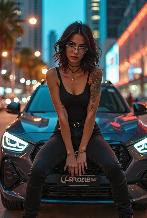 Realistic girl with dark hair wearing transparent glasses, sneakers in black jeans, top , in boots , tattooed on his arm sits on the hood of a dark blue crossover on Los Angeles Street 