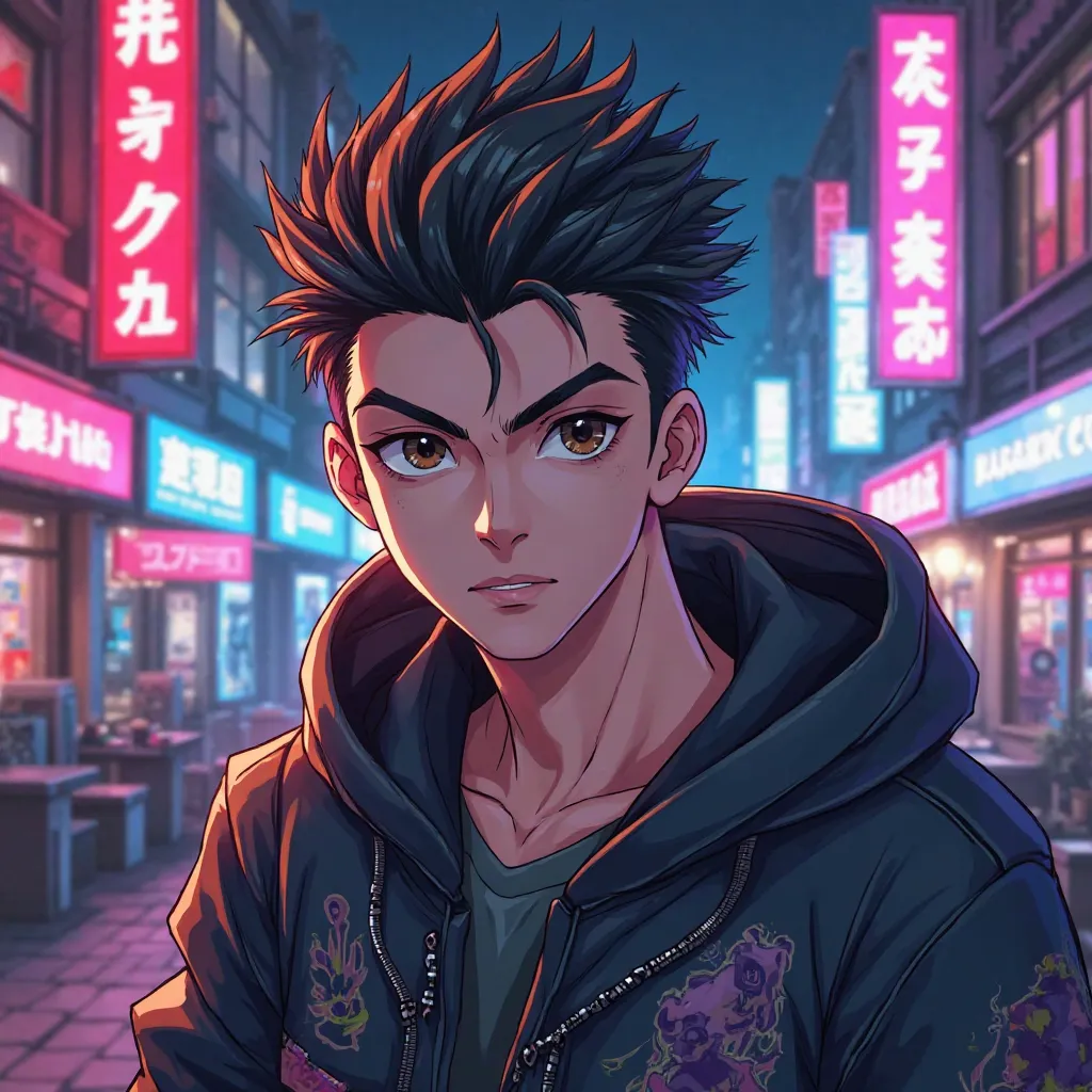 Vector anime Handsome man wearing KHOODOGK name jacket facing front of backround karaoke place