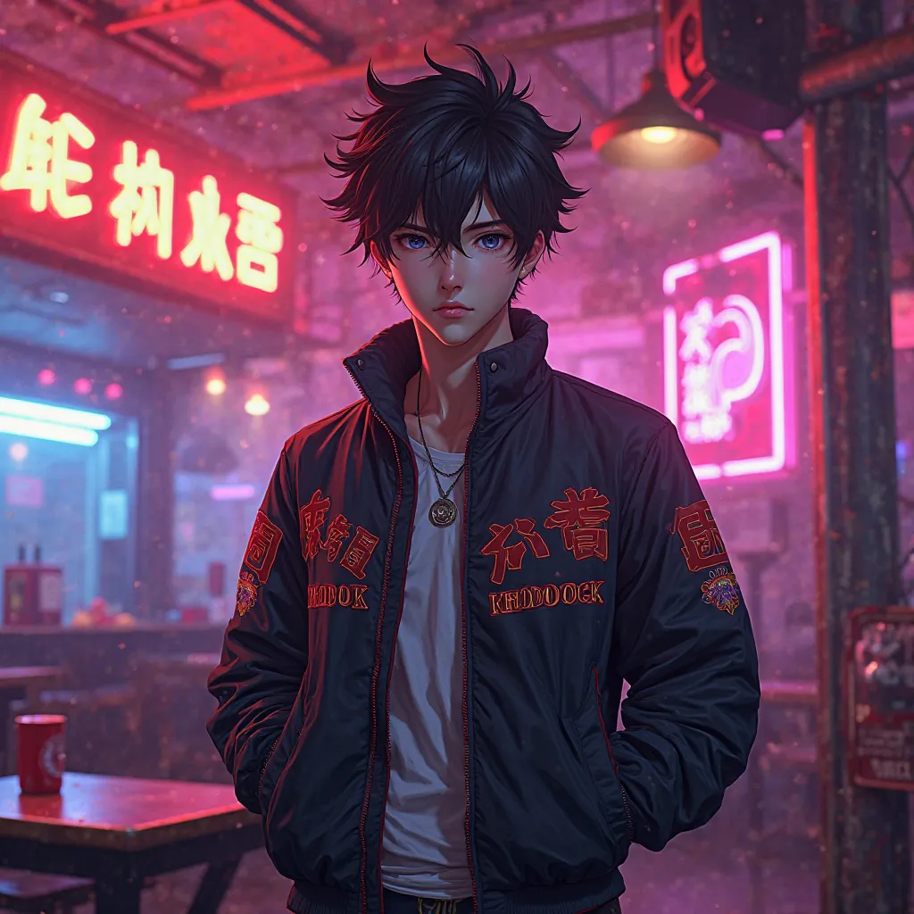  Anime Handsome Man Wearing a KHOODOGK Name Jacket Facing Front Backround Karaoke Place