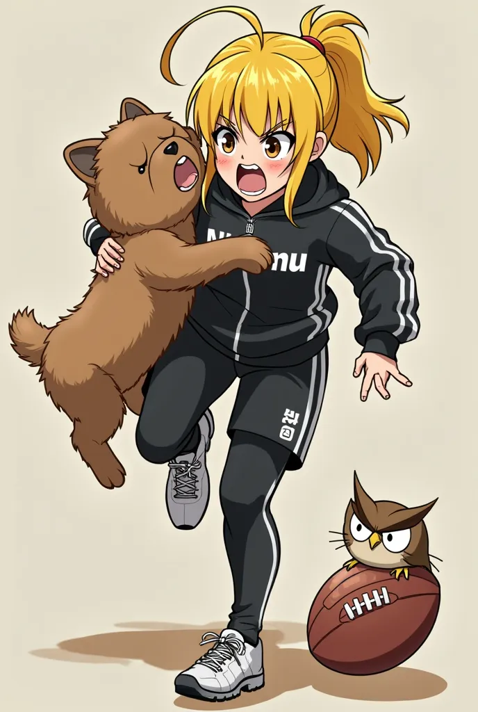 A picture of a yellow-haired Japanese woman wearing black sports clothes with the word Nunu carrying a brown haired dog and hitting a football with a funny owl on her leg and her facial expressions are angry 