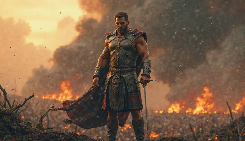 Henry Cavill as Highlander holding sword and ready for war standing in battlefield, fire and ash everywhere. 