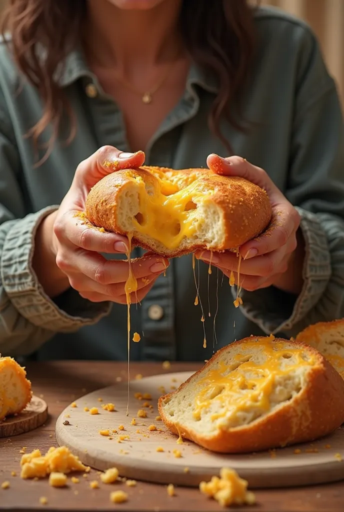  eating cheese bread with dirty hands 