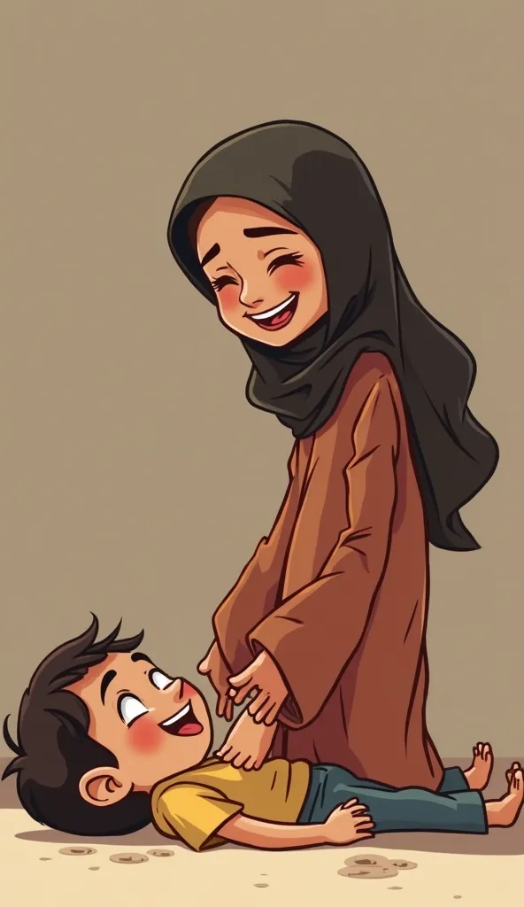 Arabic woman standing full weight on her lil brother’s chest or stomach , he is lying on the floor , they are both happy , her foot is on his mouth , and his tongue is out