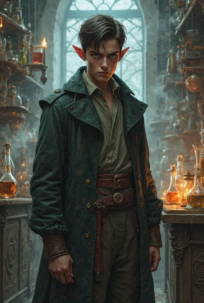  young man, height one hundred and seventy centimeters, half elf with ears cut off,  Dark brown , short hair, Alchemist