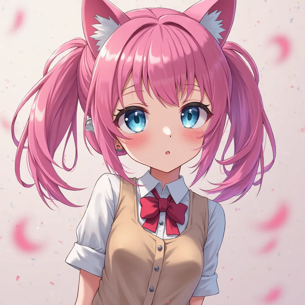 Pink hair anime, tied in two sides of each, with a ponytail, long hair, wearing pink cat ear headphones, blue eyes, wearing half a light brown school dress, age range 20 