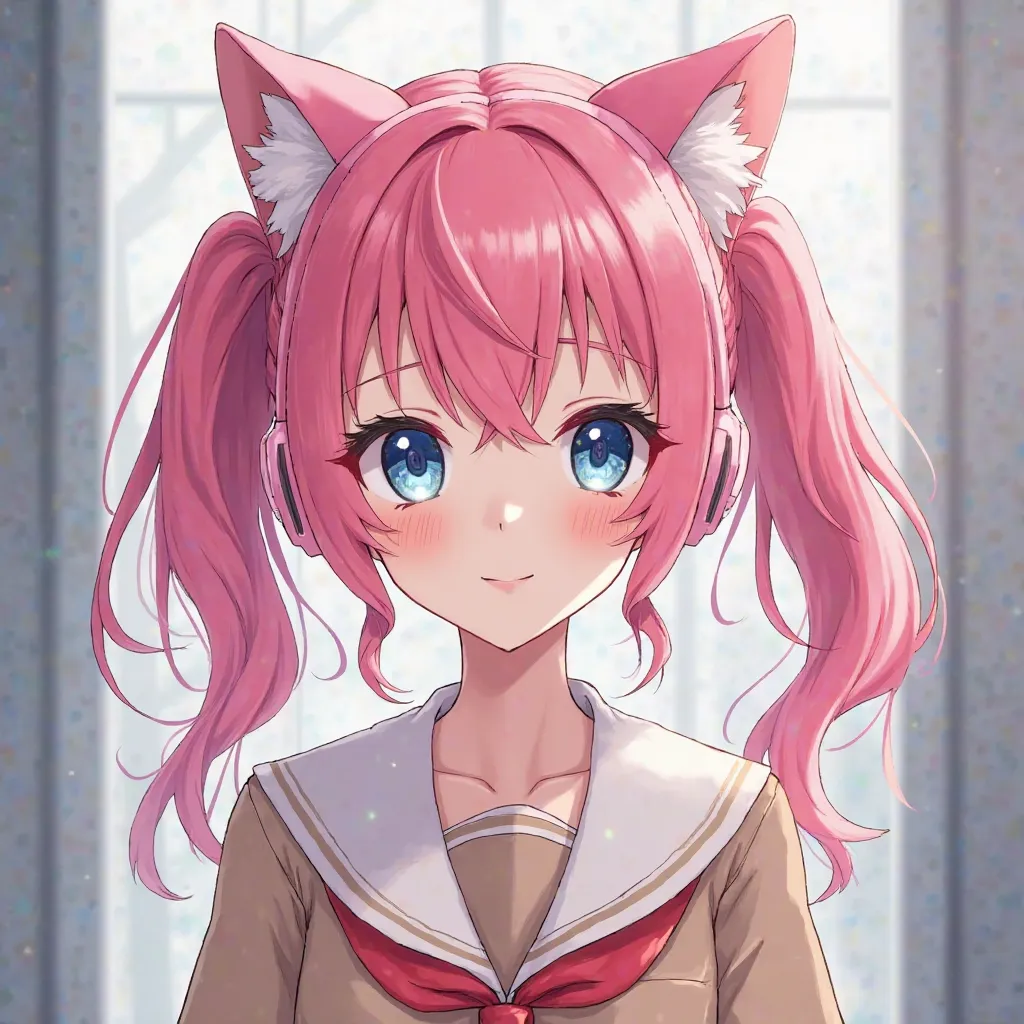 Pink hair anime, tied in two sides of each, with a ponytail, long hair, wearing pink cat ear headphones, blue eyes, wearing half a light brown school dress, age range 20 