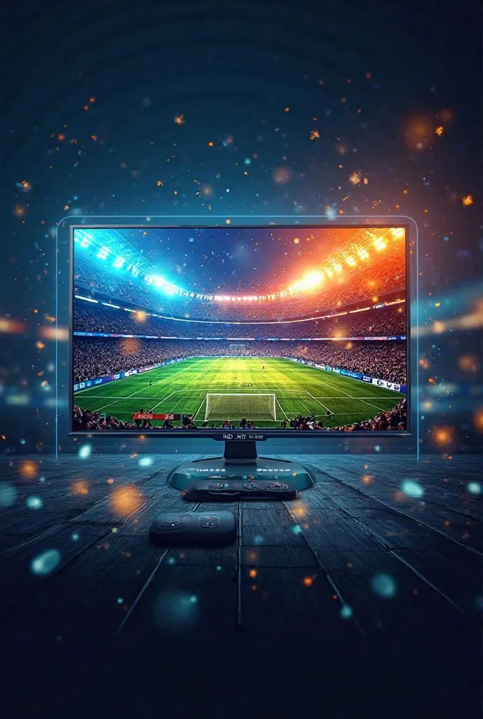 An impactful visual composition showing an IPTV screen divided into several layers: live sports, high-quality movies, Popular series and programming . Includes flashy icons such as a symbol of 'HD/4k',  a remote control , a vibrant soccer stadium and a col...