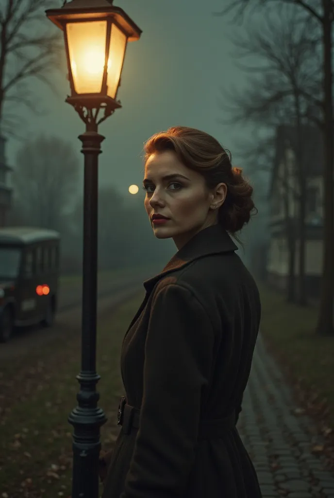 Create an image inspired by the song Lili Marleen: a German woman from the 1940s, wearing an elegant overcoat and dress from the period, stands under the soft light of an old street lamp. Her eyes are melancholic and hopeful,  as if she's expecting someone...