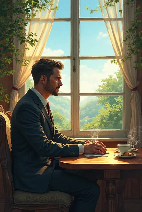 A man sitting at the tea table by the window on a beautiful day 