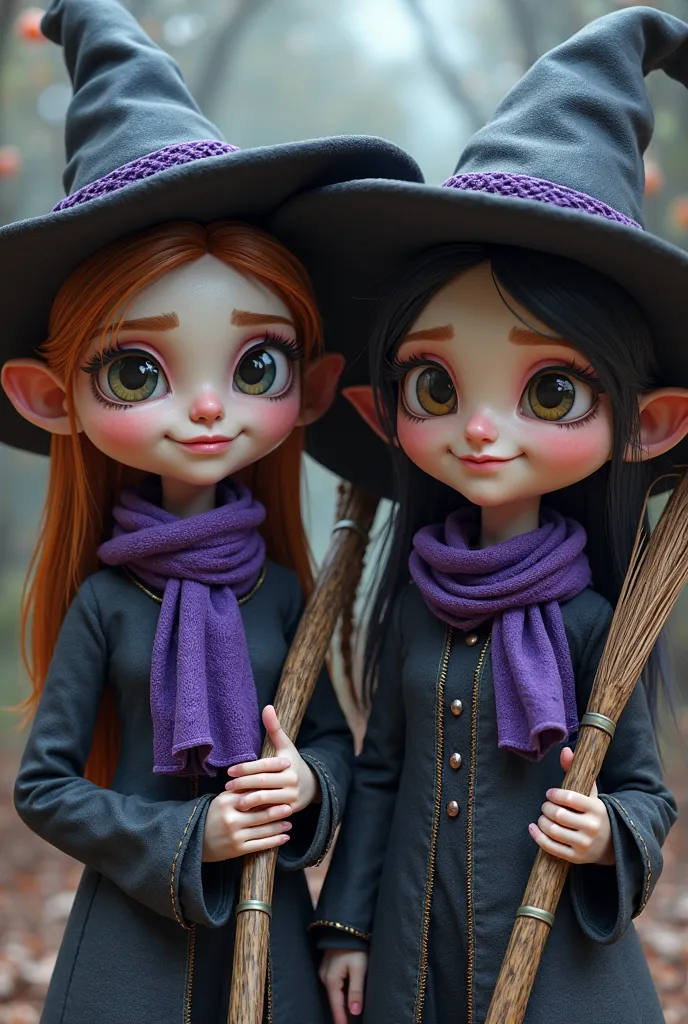 Tim Burton-style 3d drawings such as the characters in 'Frankenweenie', Of two feminist 20-year-old witches with their purple scarves around their necks and their brooms on their arms. Hats, big eyes 