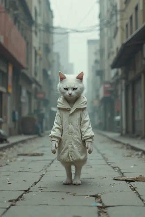 Draw me a white cat walking in the street on its two legs, standing and sad