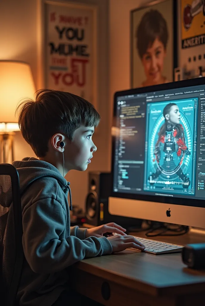 IMAGE OF A BOY WITH HEARING AIDS COMPOSING MUSICAG WITH IA